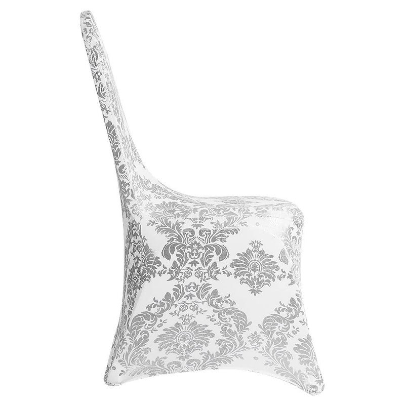 Desirable Life Pack of 10 Dining Chair Covers Bronzing Silver Flower Print Removable Washable Spandex Stretch Decorative Chair Slipcovers Set for Party Wedding Home Decorations - Silver+White - Image 5